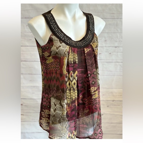 ZAC & RACHEL Aztec Tunic Top Size Small Bohemian Beaded Neckline Lined - Picture 2 of 8